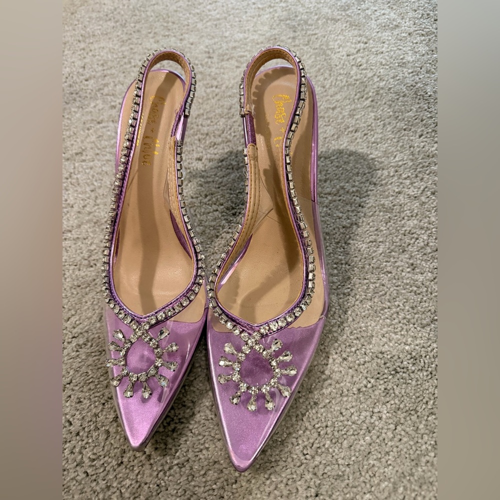 purple metallic slingback pumps